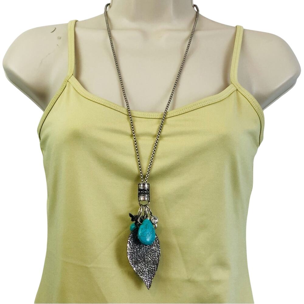 Trendy Long Necklace Faux Silver Turquoise Charms - Picture 15 of 16